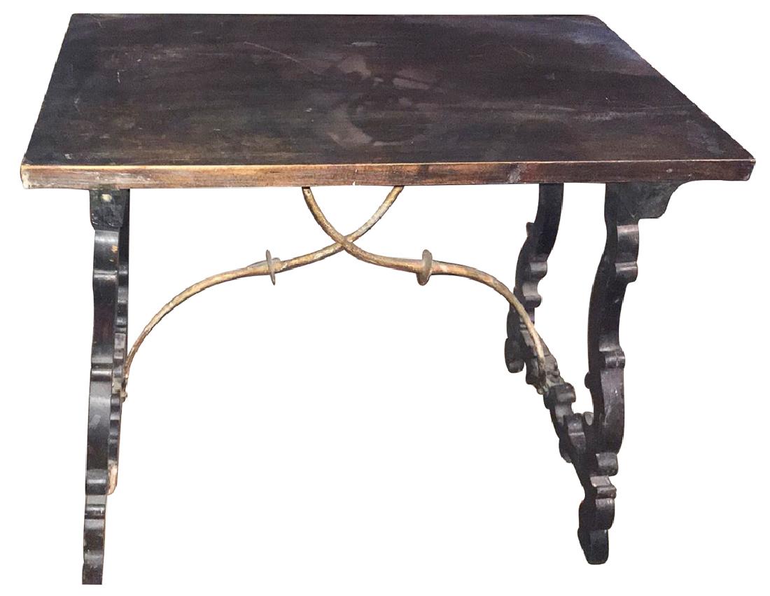 A Spanish Refractory Table, With Iron Cross: stretcher, and dark antique finish, stretcher is loose, 21 inches deep by 35 inches long by 31 inches high.