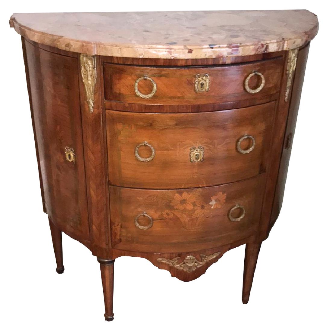 French Demi-lune Commode, Transitional Style: With Breccia Marble Top, Floral Inlays, C.1880, Good Condition, 34 W X 16.5 D X 35 H