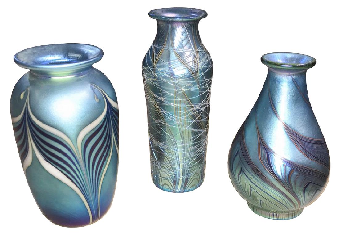 3 Lundberg Studios, California Blue Iridescent: vases, All signed, from the Private collection of the late Gary Elam, Dallas