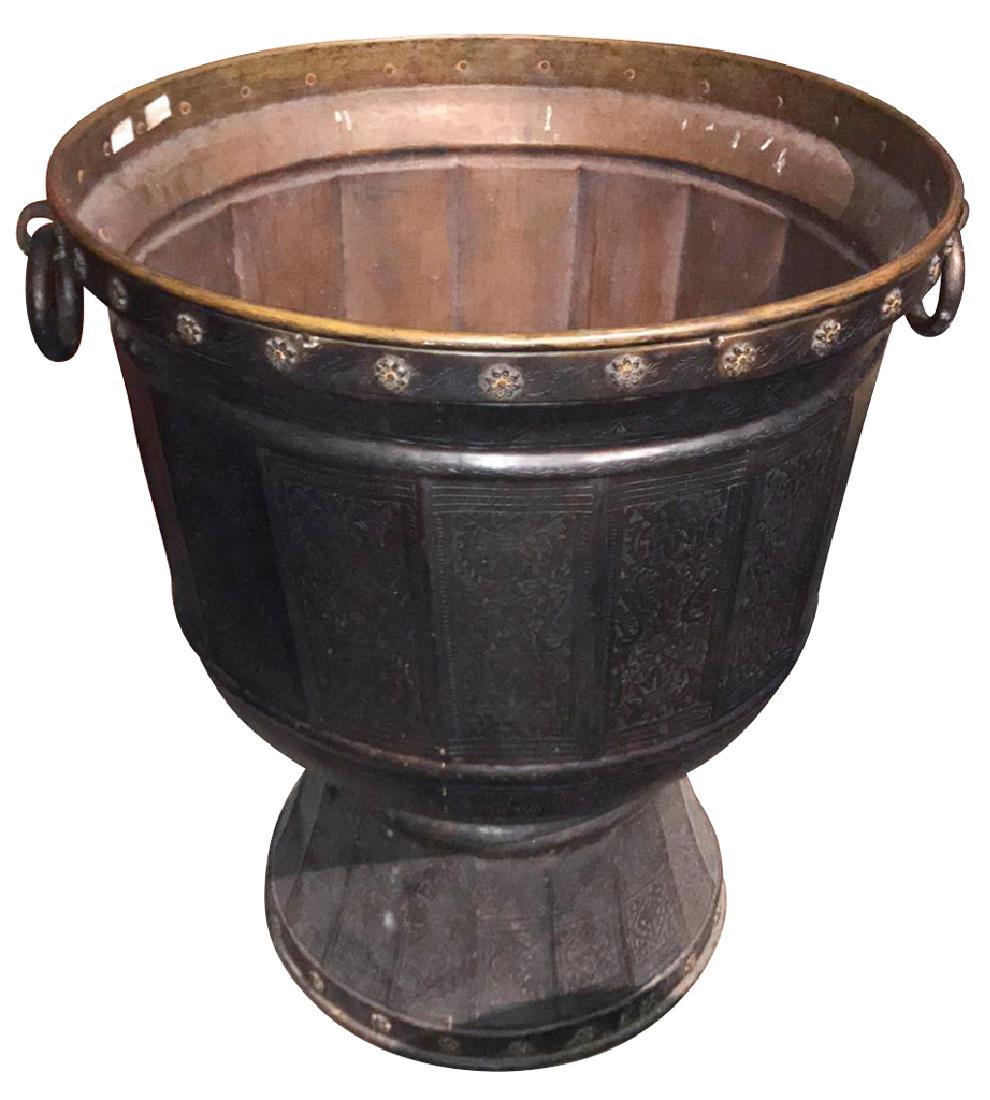 Massive Heavy Cast Brass Planter, Indian Or: Middle Eastern Origin, With Heavy Brass Ring Handles And Embossed Designs, Very Good Original Condition From Early 20th Century 34 Inch Diameter 39 Inches Tall