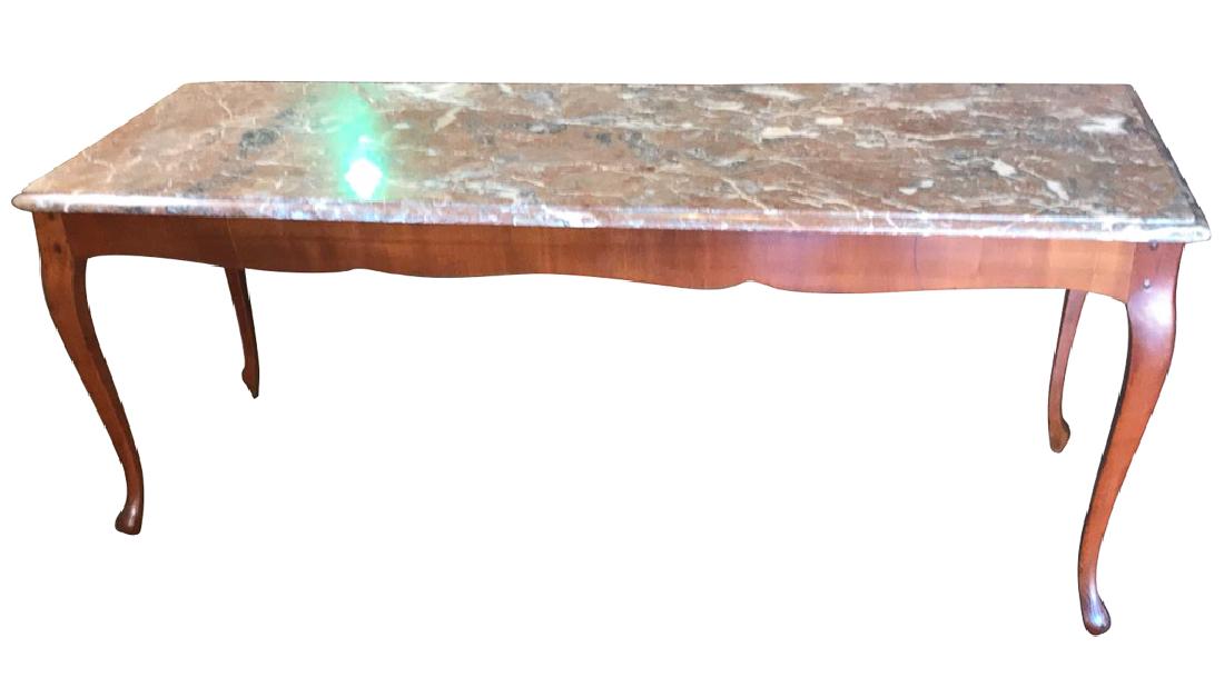 A French Style Cherrywood Sofa Table, With: rouge and gray veining marble top, nice peg construction. 62 inches long 22 inches deep by 25 inches high