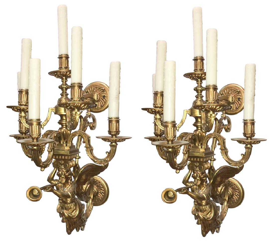 Superb Pair Of French Bronze Six Light Sconce,: very heavy castings with fine detailing having angelic figures blowing a trumpet, electrified with new wax sleeves, very good condition, note large size 29 inches high by 19 inches deep and 16 inches 