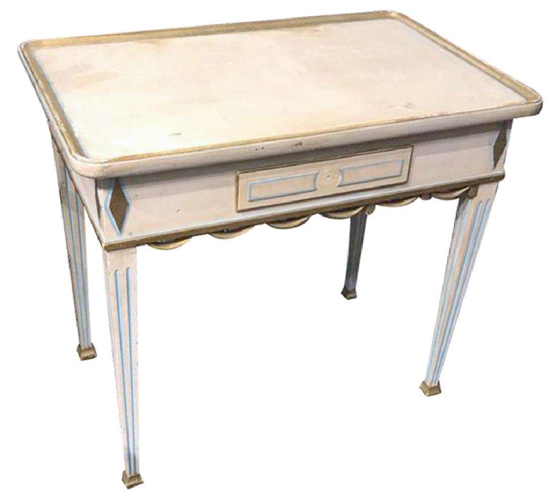 Italian Neoclassical Painted Tea Table,: 33 inches long by 21 inches deep by 30 inches high, With fluted and tapered legs, and one drawer, circa 1920