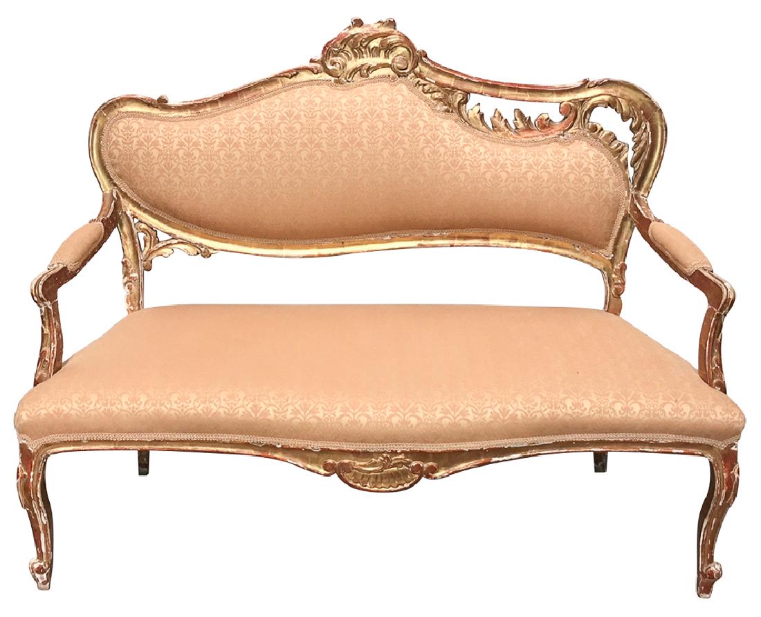 Pair Of 19th C. French Rococo Giltwood Settees: with silk upholstery. From a fine Dallas estate. 51w x 25d x 40h.