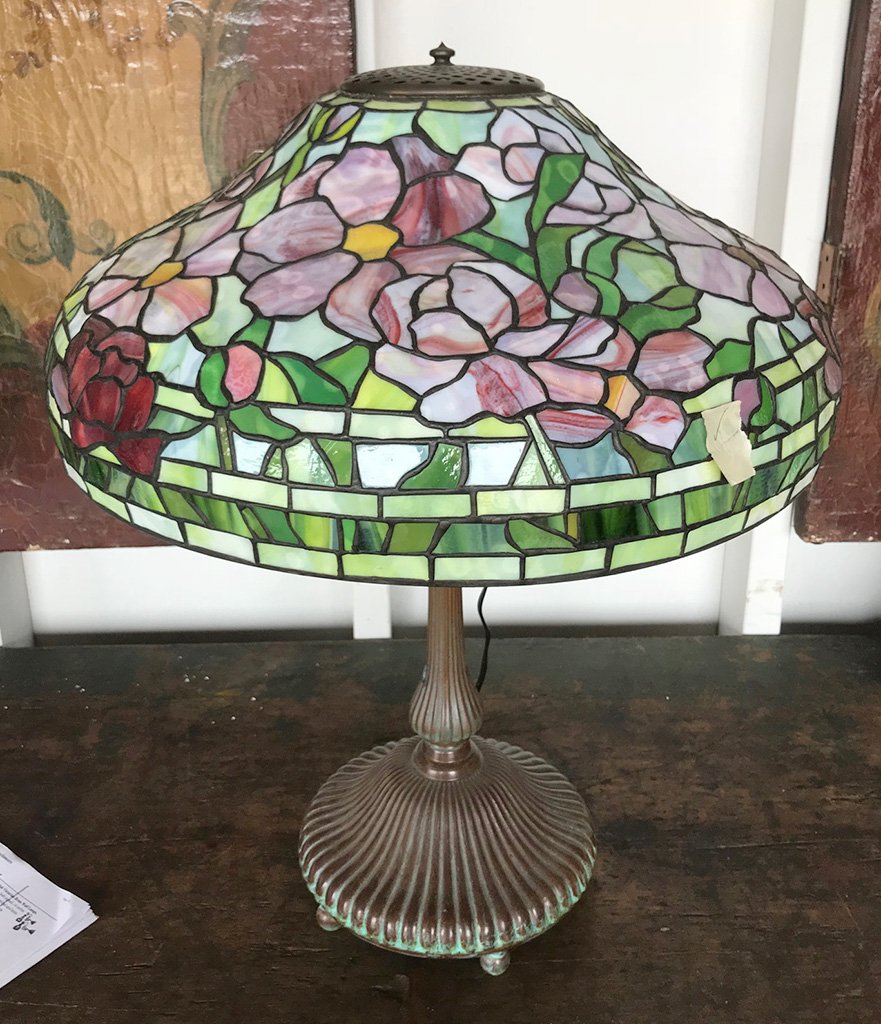 Custom Made Tiffany Style Leaded Glass Lamp,: with patinated metal base, excellent handmade quality, from the 1980s, 24 inches tall, 18 inch shade diameter, From the Gary Elam antique collection
