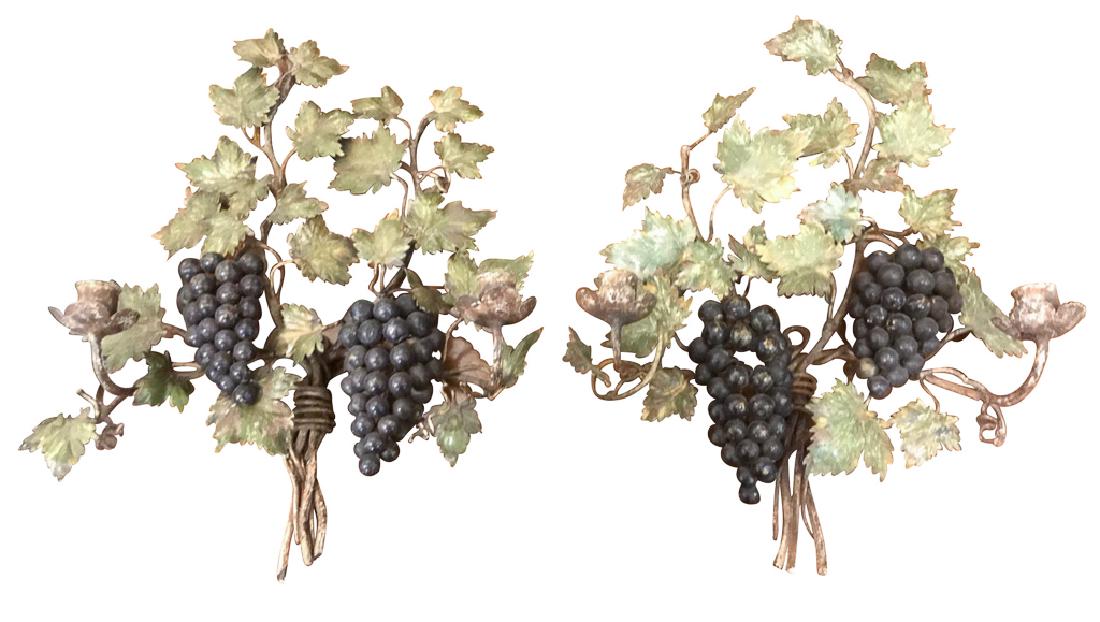 Pair Of Painted Italian Leaf And Grape Cluster: wall sconces, two light, 17 inches high by 30 inches wide, good condition