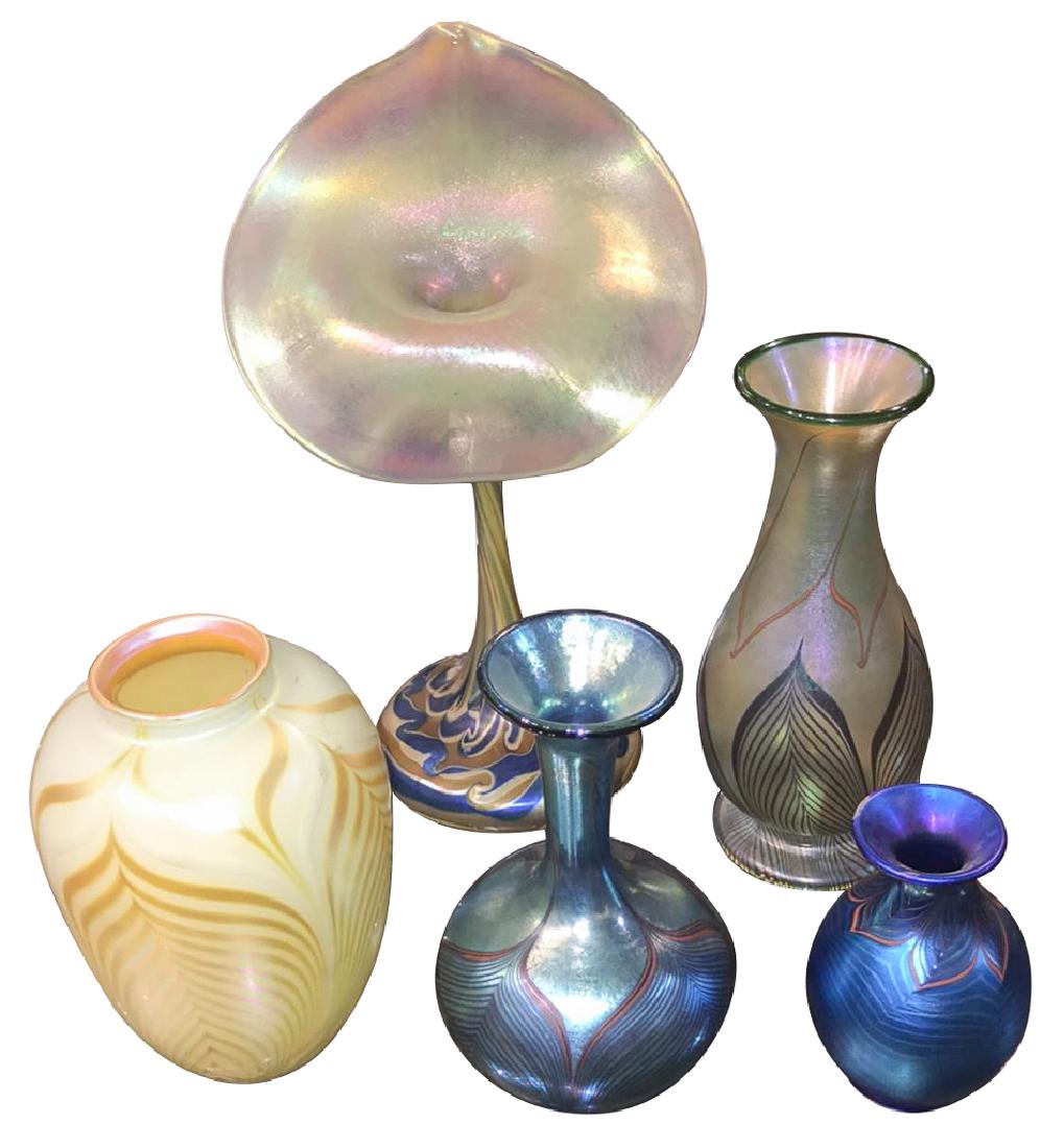 Group Of Lundberg Studios, Calif, Art Glass,: signed, circa 1978, along with a Phoenix studios pulpit vase, Five pieces total all in excellent conditipn