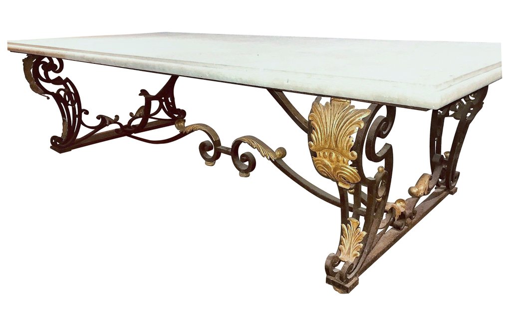 Outstanding Custom Made Massive Size Wrought Iron Table: With 2" limestone top. Excellent condition, removed from 40,000 sq.ft. North Texas Mansion.30h x 54d x 115w