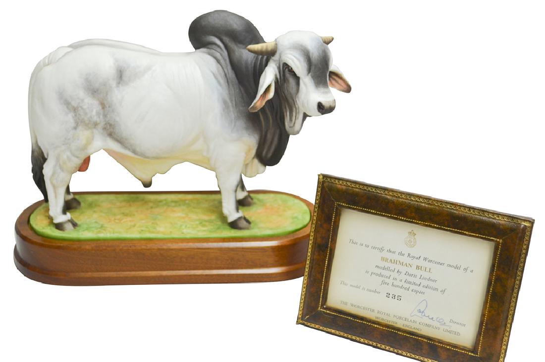 Royal Worcester "Brahman Bull": Porcelain Figurine Signed And Modelled By Doris Lindner, Artist For Royal Worcester. 1968. Fine Bone China, Glazed, Decorated Wood Base, With Certificate, Framed In Leather. Size: 9" H X 9" W X 4" D.