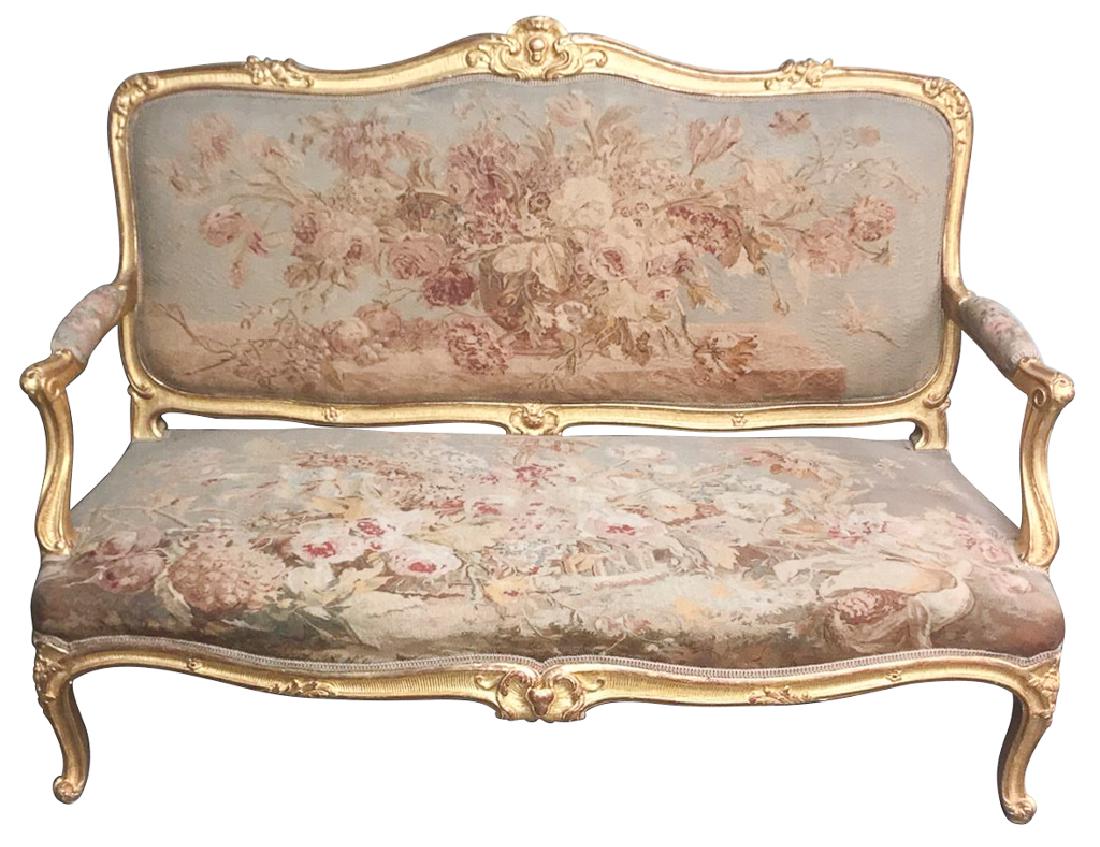 Exquisite French Louis XV Water Gilt Settee,: with hand made Aubusson Tapestry upholstery, immaculate Condition, 64 inches long by 28 inches deep by 45 inches high, matches chairs from previous lot.