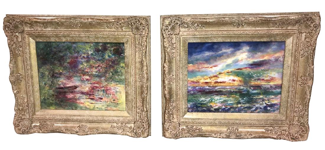 Chris Burns, Artist, Original Paintings On: porcelain, "Lilac Spring" and "Sunset" in ornate frames, 7.5 inches by 9.25 inches. R221, 227