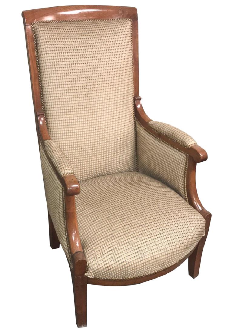 Biedermeier Fruitwood High-back Armchair: with high-end upholstery, good condition, slight tears at front corners of upholstery, 48 inches high 30 inches deep by 27 inches wide.