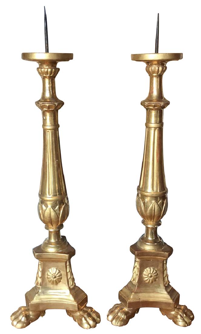 Beautiful Pair Of French Cathedral: Candlesticks, with exquisite water Gilt finish , 19th century, 32 inches total height, property of the late Gary Elam estate.