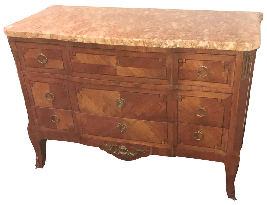French Transitional Kingwood Commode, With: gold-veined marble top and bronze mounts, circa 19th c, 49 inches wide x 22 inches deep by 35 inches high