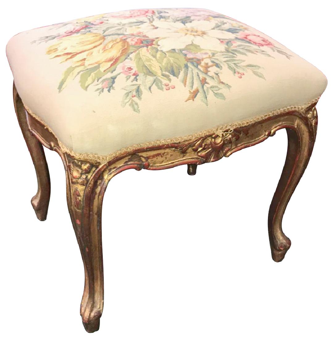 French Louis XV Style Giltwood Footstool, With: Aubusson style floral upholstery, Good condition, 18 inches x 18 inches x 19 inches high.