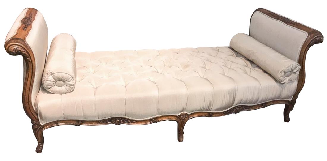 Exceptional French Chaise Longue, Day Bed: Carved of walnut, with Scalamandre silk upholstery, Perfect condition, removed from a 40,000 square-foot North Dallas mansion, 84 inches long by 32 inches deep by 32 inches high at the arms