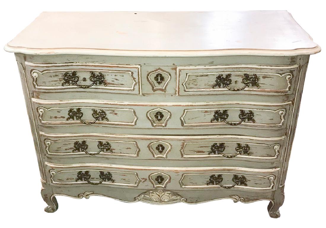 French Provincial Five Drawer Commode, With: distressed painted finish, and heavy brass hardware, early 20th century, good condition, 47 inches wide by 21 inches deep by 34 inches high