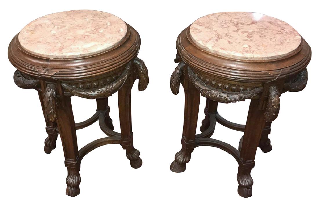 Great Pair Of French Pedestals, Carved Oak With: hoof feet and pinkish colored marble tops, circa 1900, good condition, hard to find a pair, 18 inch overall diameter, tops or 14 inch diameter, 24 inches high.