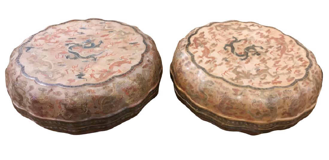 2 Oriental Lacquered Shaped Covered Boxes: With old faded patina . Approx 19 in dia x 8 h. Originally from Loyd and Paxton , famous Dallas designers