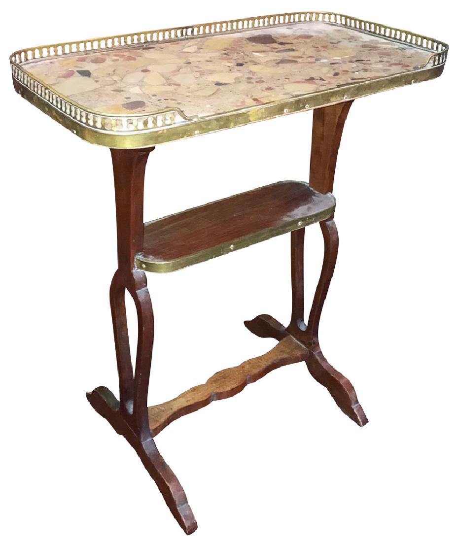 Petite 19th Century French Cocktail Side: table, mahogany with brass gallery and Breccia marble, 19th century. 22 inches wide by 11 inches deep by 25 inches high. Good condition except marble has an old hairline crack.