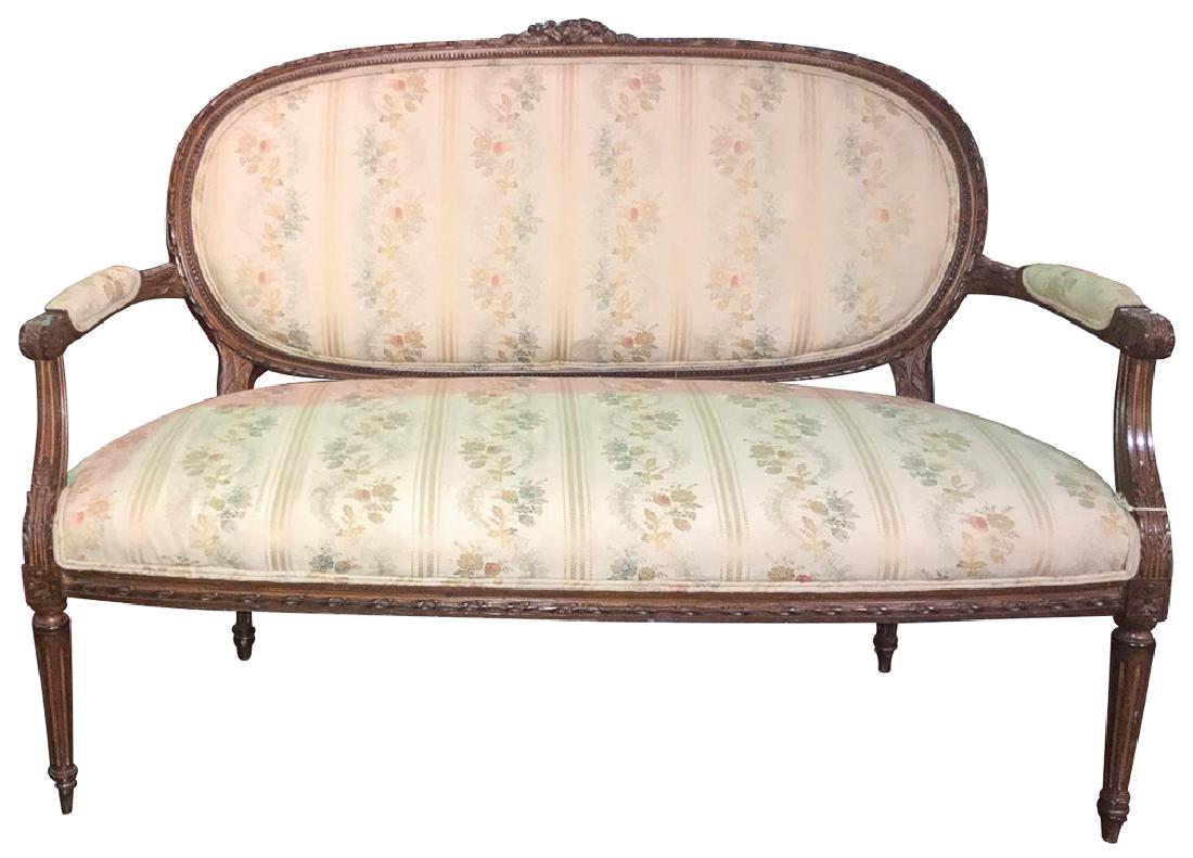 Nice Quality French Carved Beechwood Settee.: Walnut finish, with older silk upholstery , 52 inches long 32 inches high and 21 inches deep, very good condition.