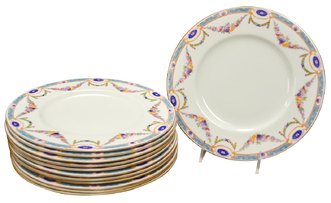 Set Of 12 Royal Worcester Plates: Royal Worcester, Set Of Twelve (12) Fine Bone China Plates, England. 651734, White Background, Blue Borders, Rose Motif, Blue And Green With Roses, Fine Detail. Beautiful Overall Art Work On Each Plat