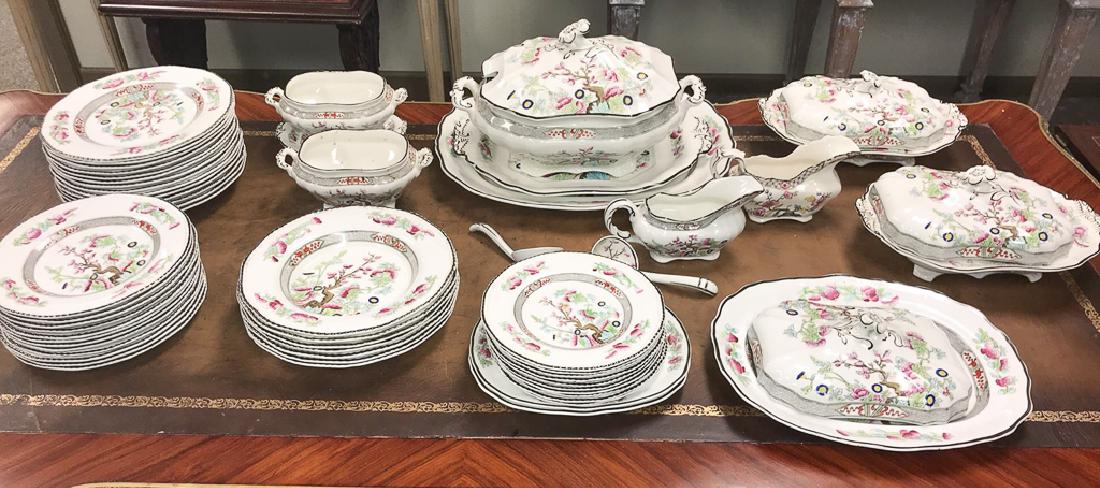 59 Pieces English "Indian Tree" Pattern: ironstone China, prior to 1900,Burgess and Leigh , England, age cracks to large platter, one luncheon plate cracked and repaired, one dinnerplate chipped, large tureen is in excellent condition. All p