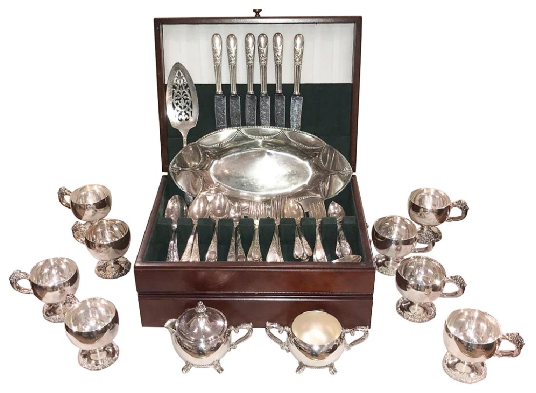 83 Pieces Wallace Plated Silverware, In Case,: together with a set of eight silver plated punch cups, a silver plated oval tray, and a silver plated cream and sugar, R 260, 267, 277,