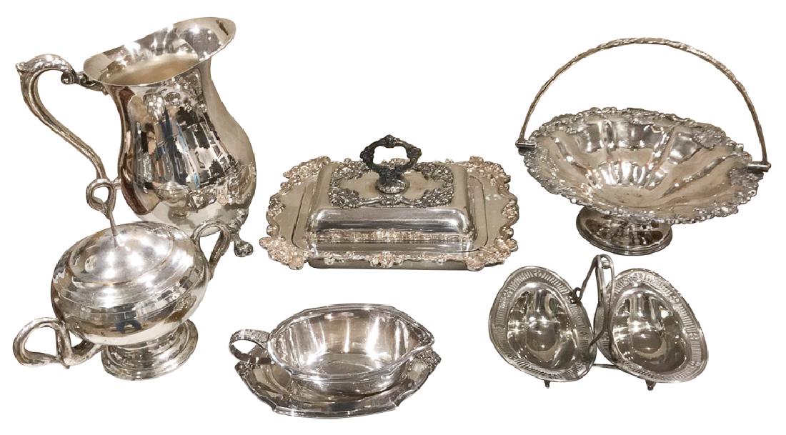 Seven Piece Grouping Of Silver Plated Items,: including a Rogers water pitcher, Sheffield chaffing dish, brides basket, nut dish, sugar bowl, gravy boat and tray R222, 268, 255, 259, 269, 224