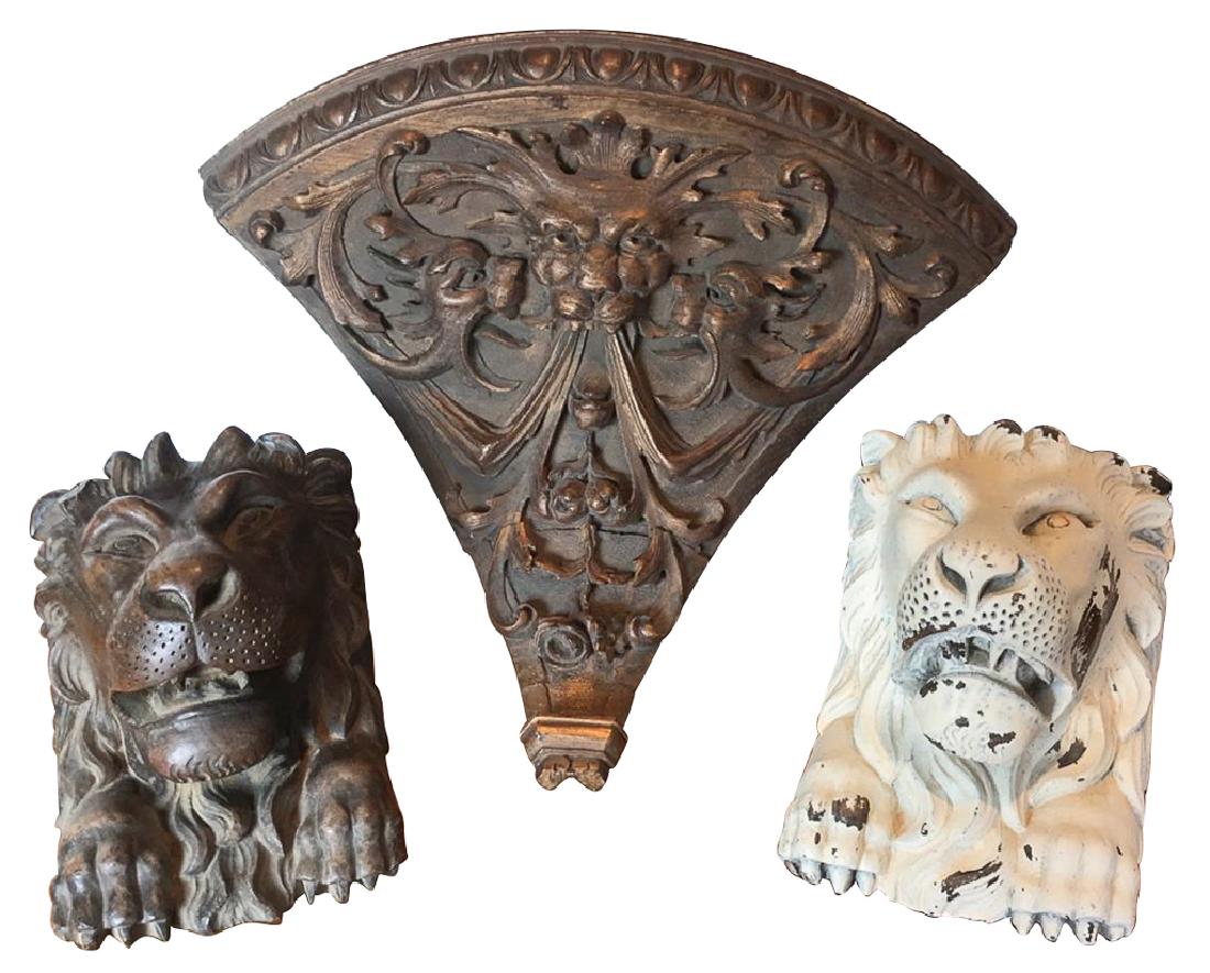 Italian Carved Wood Corner Bracket, Together: with two relief carved Lions heads, bracket is 11 inches tall by 11 inches deep, lion heads or 7 inches tall by 6 inches wide by 6 inches deep, two other Lion-heads in separate lot.