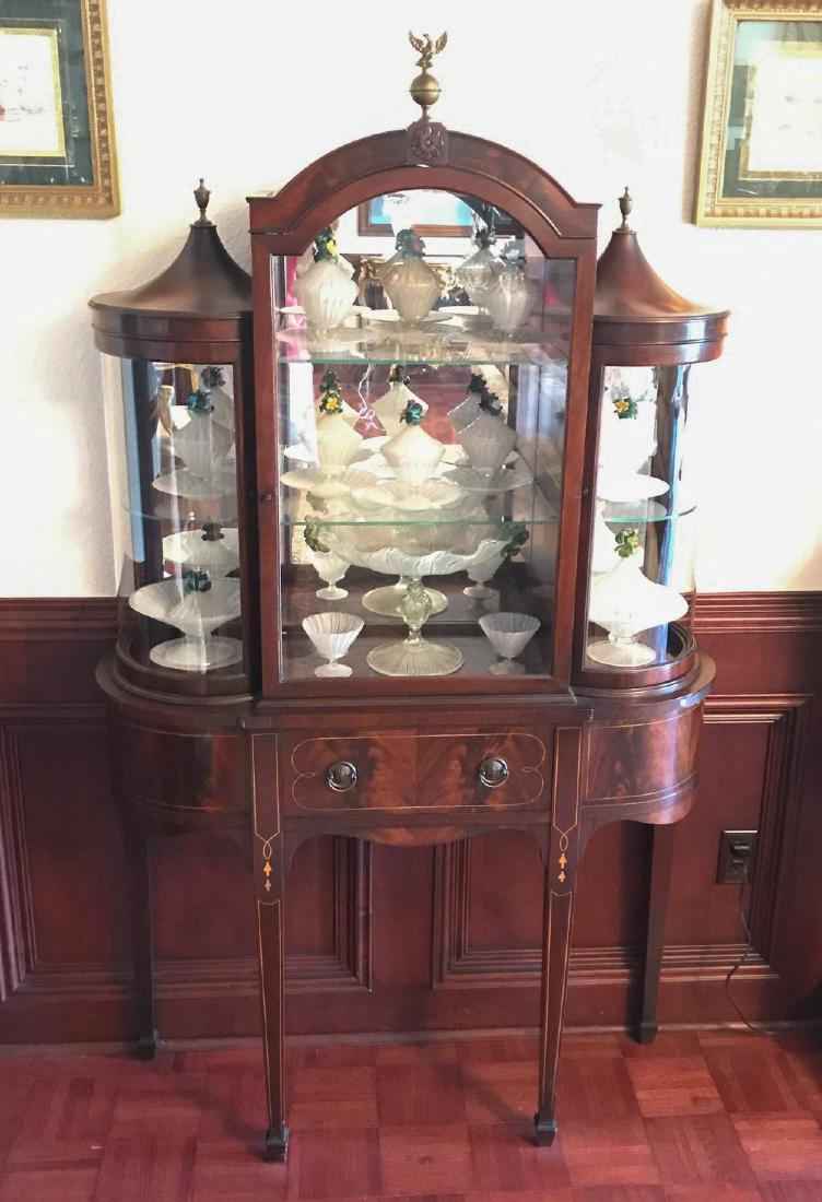 Hepplewhite Mahogany Curio Cabinet: from the Estate of Ken and Pat Hodge. 68h x 12d x 39w. INTERIOR ITEMS NOT INCLUDED. WILL BE SOLD SEPARATELY