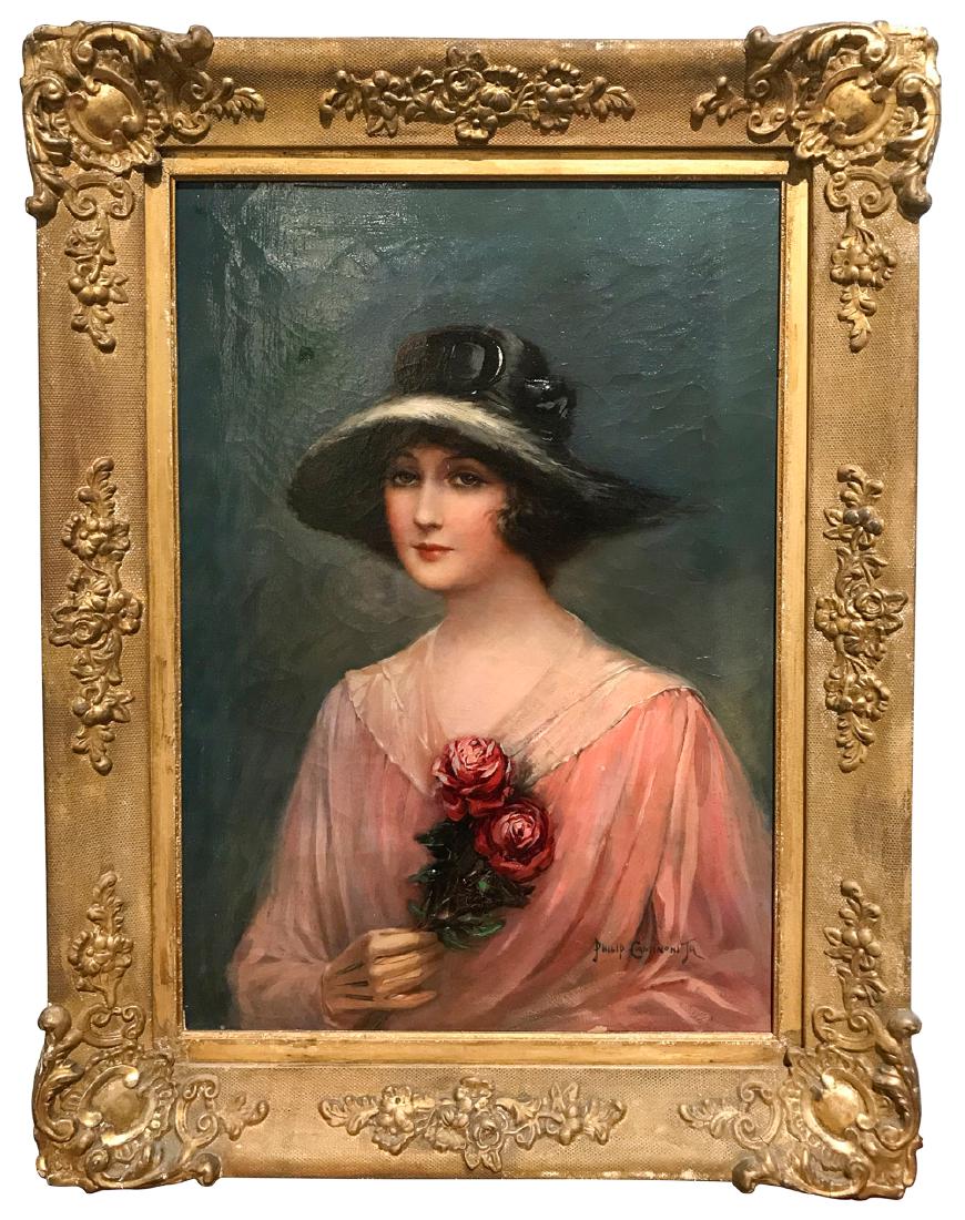 19th C.  Oil On Canvas Of Lady With Flowers (1 of 5)