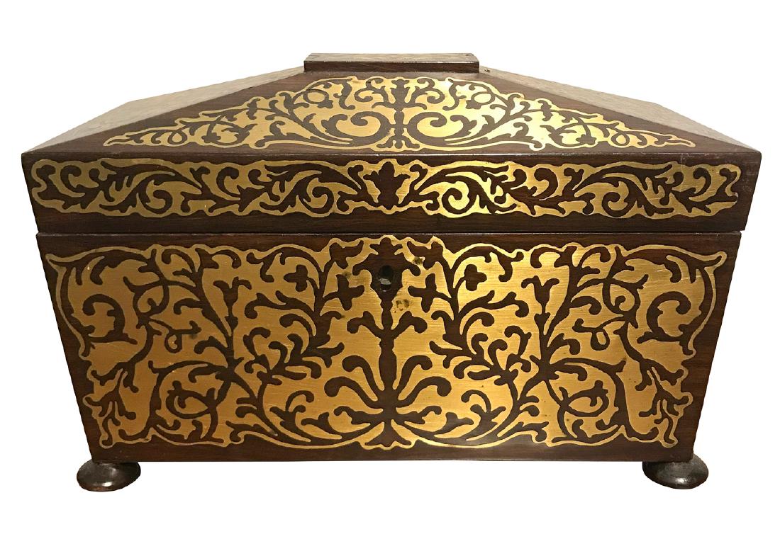 19th C. English Mahogany Brass Inlaid Tea Caddy (1 of 4)
