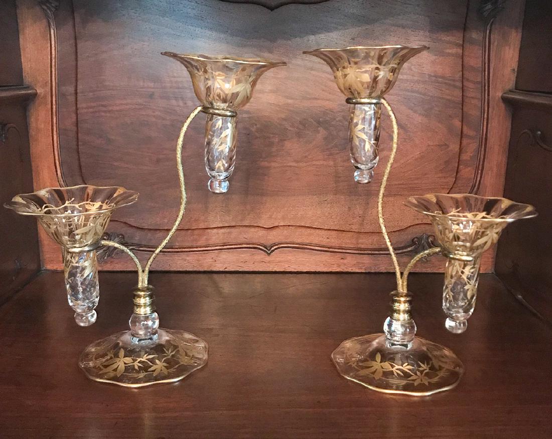 Pretty Pair Or Baccarat Gold Trim Epergnes: 12.5"h. Estate of Ken and Pat Hodge.