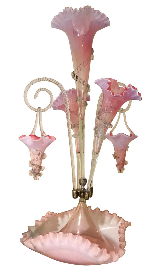 English Stourbridge Pink Epergne: 2 Small Trumpets, One Center Trumpet, 2 Arms With Baskets, Square Bowl. 24"h
