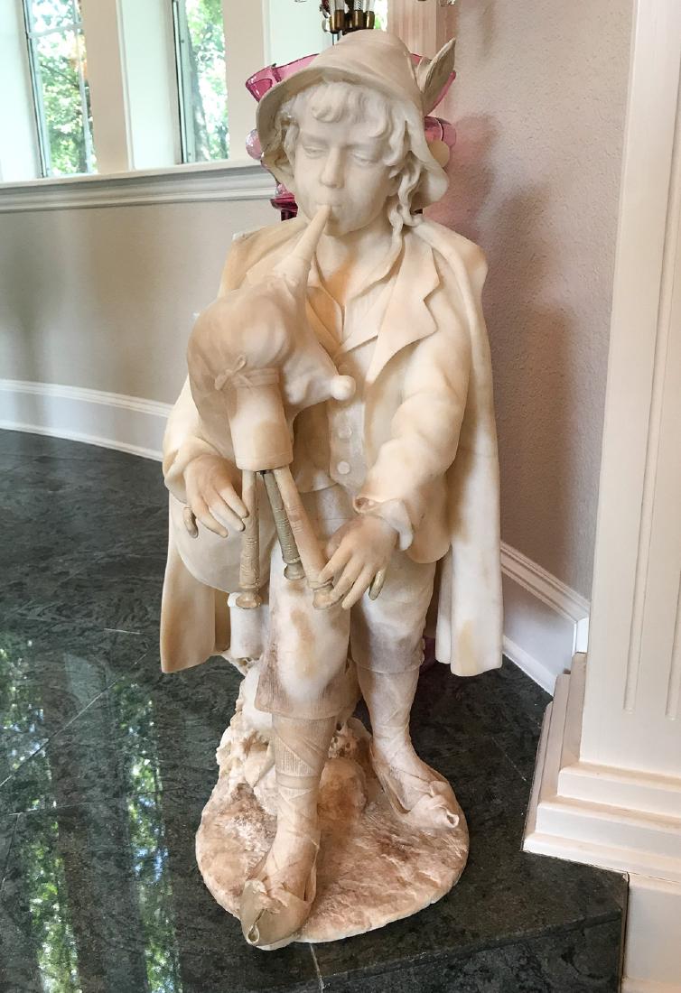 Carved Alabaster Of Boy Playing Instrument: 32"h. 19th C. Missing One Flute. Repairs To Fingers. Estate Of Ken And Pat Hodge.