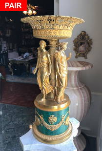 Magnificent Pair Of Dore' Bronze Centerpieces: Displaying 3 Graces Below Scalloped Pierced Baskets, On faux malachite over metal Bases. In The Manner Of Pierre Phillips Thomire. 35.5h X 15w. 20th C. From The Estate Of Ken And Pat Hodge.