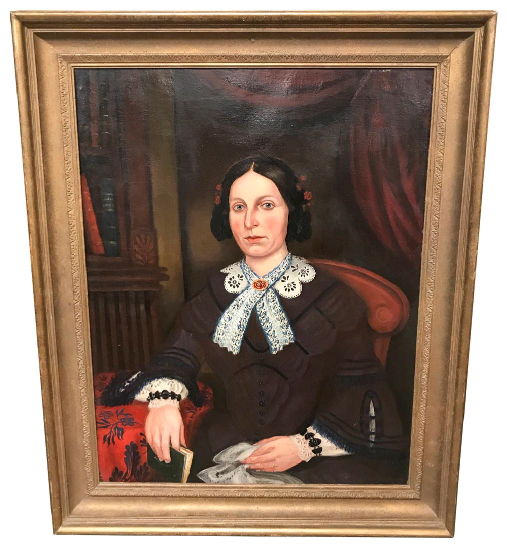 18th C. Portrait Of A Lady: Oil On Canvas. 36w X 44h In Giltwood Frame. From The Gary Elam Collection.