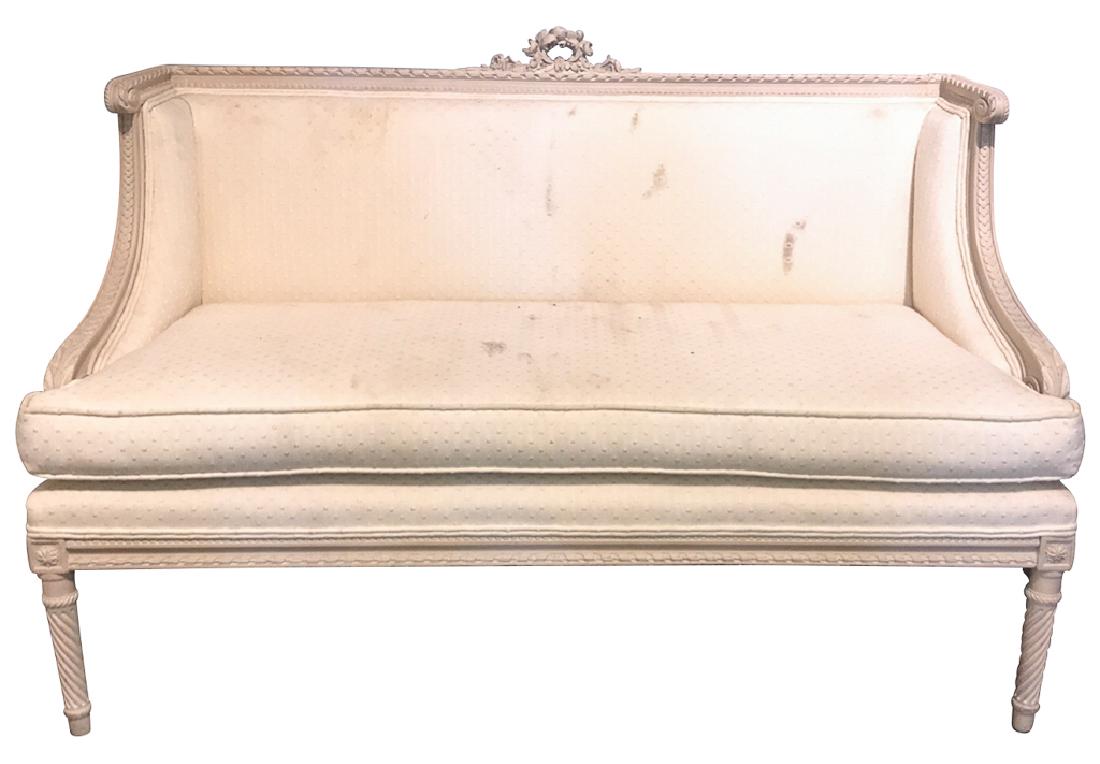 French Louis Xvi Style Carved Settee: With Cream Paint Finish. Circa 1940. Nicely Carved. Structurally Sound. Upholstery Needs Cleaning. 54w X 25d X 36h.