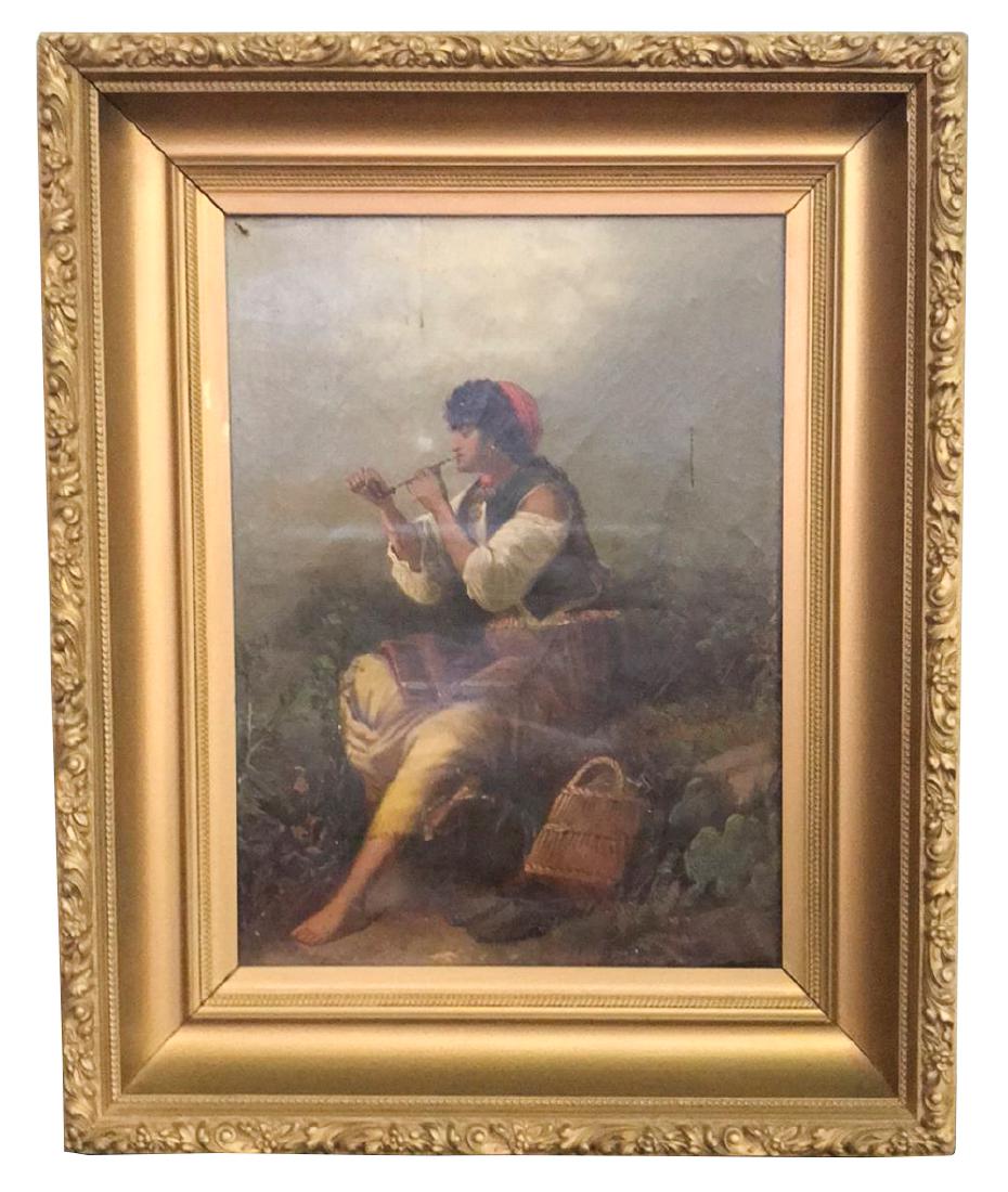 19th C. Oil On Canvas Of Gypsy Smoking Pipe (1 of 6)