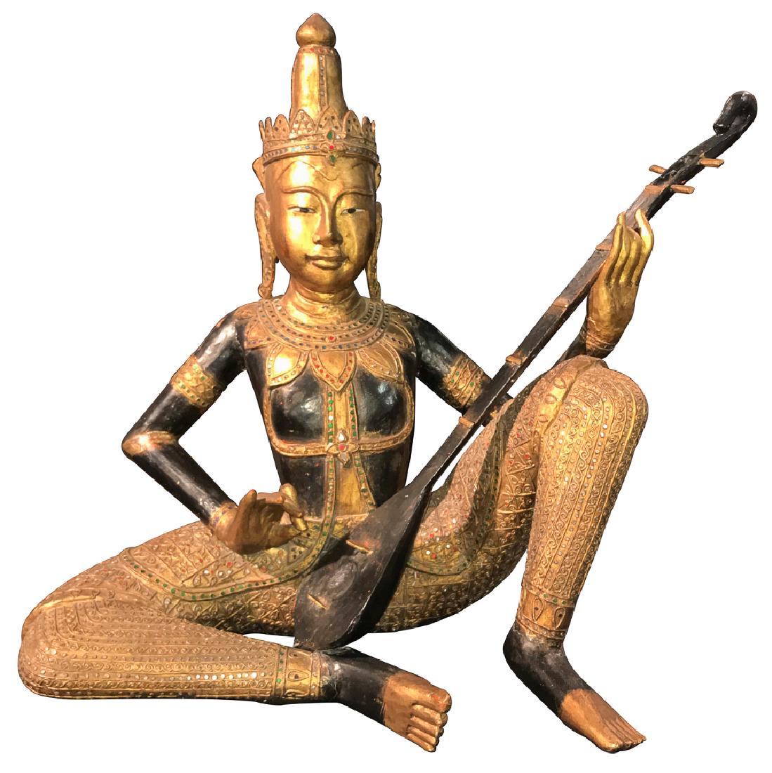 Thai Carved And Gilt Wood Instrument Player: Late 19th or early 20th c. 28h x 27w