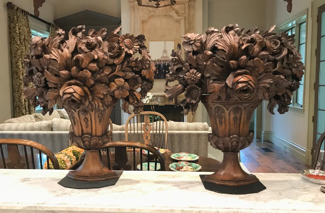 Pair Of French Carved Oak Flower Baskets (1 of 4)