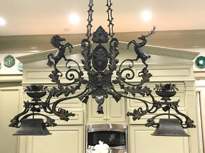 Large Custom Iron Billiard Or Island Fixture: with horse and deer. 70w x 9d x 74h (including chain and canopy).