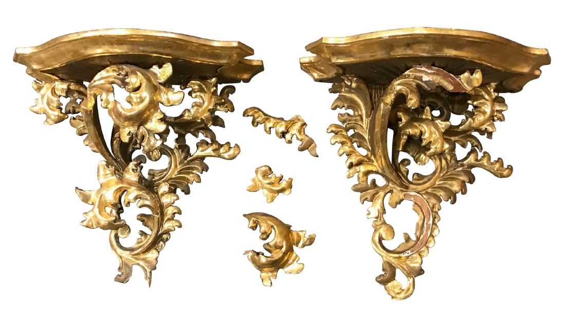 19th C. Florentine Giltwood Wall Brackets: exceptional gilding. Few pieces broken as shown, in need of repairs, touch ups. 13.5w x 8.5d x 12h
