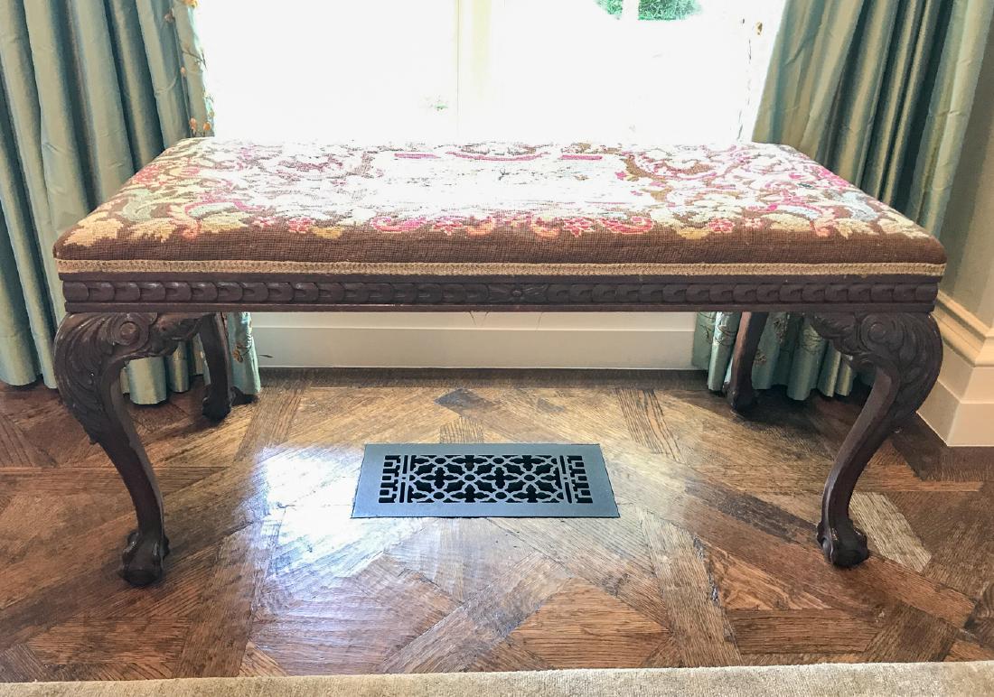 Antique English Carved Bench W/ Needlepoint (1 of 3)
