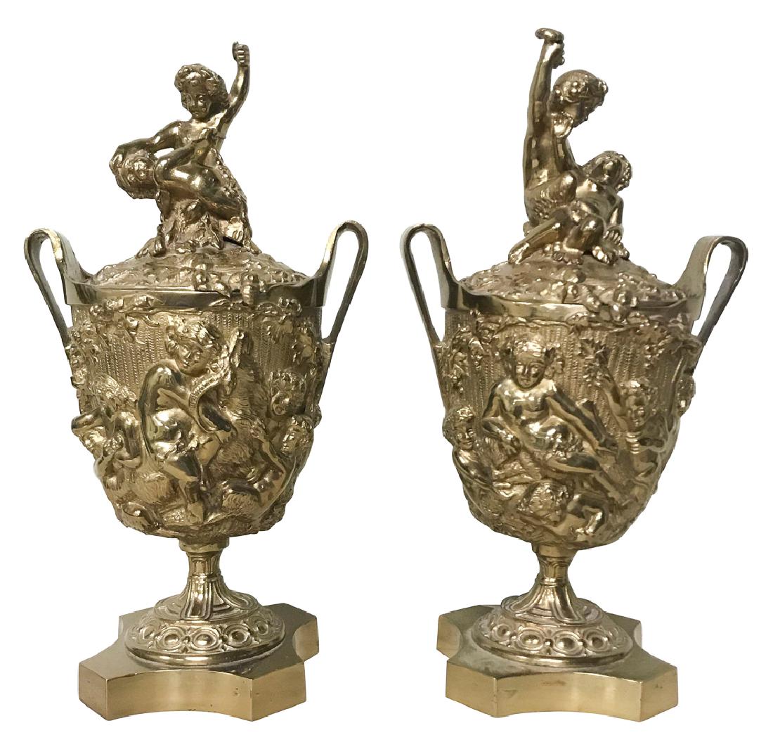 Pair Of 19th C. French Gilt Bronze Lidded Urns (1 of 4)