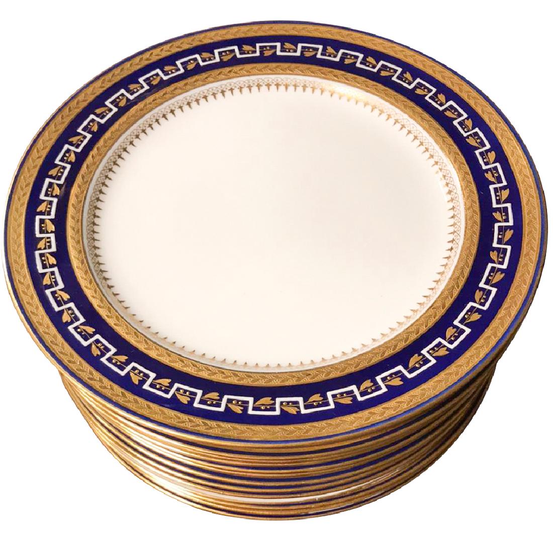 Set Of 14 Minton Gold Overlay Dinner Plates: with cobalt background on rims. 10.25"