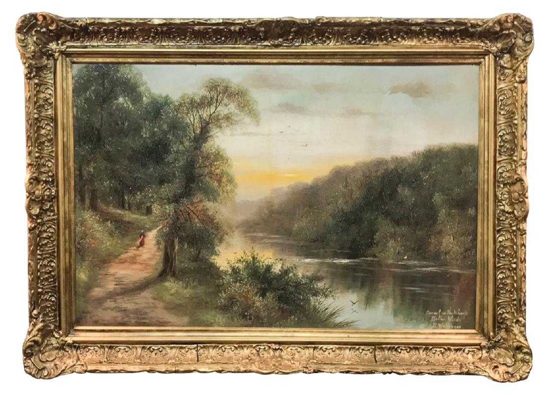 B. Wallenger, English. "sunset On The Warfe: 36w x 25.5h. Oil on canvas in giltwood frame. 19th c.