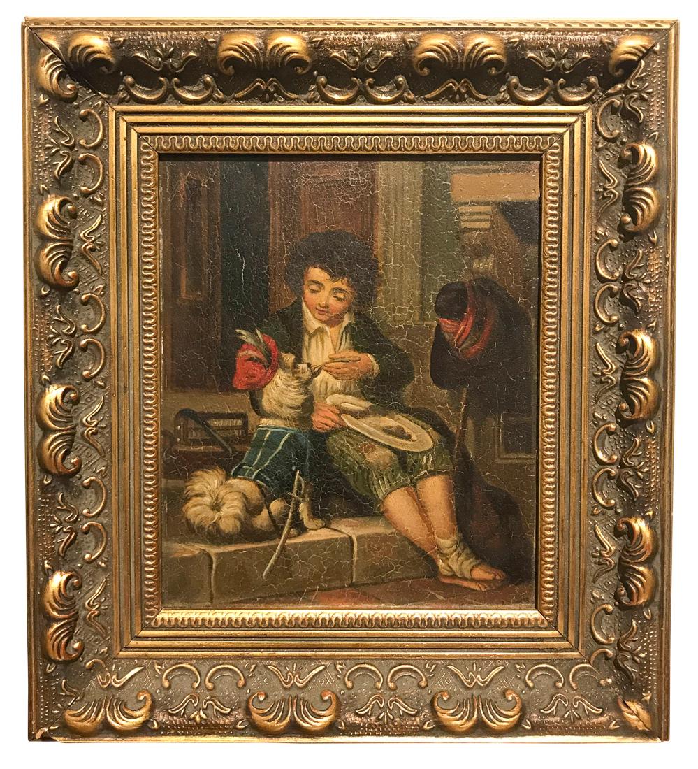 19th C. English Oil On Panel Of Boy Feeding Dog (1 of 4)