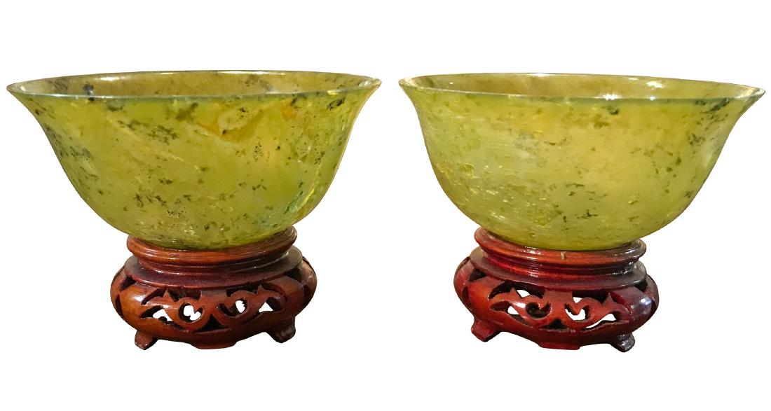 Pair Of Antique Chinese Spinach Jade Bowls (1 of 3)